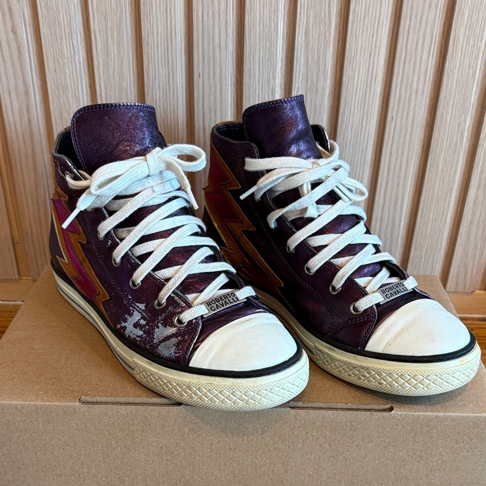 Roberto Cavalli Purple & White High-Top Sneakers